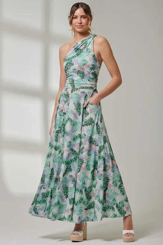 Leaf Print One Shoulder Maxi Dress - Jolie Moi