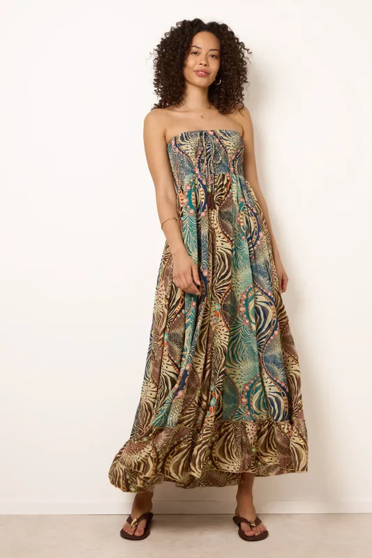 Multi Bold Print Bandeau Shirred Maxi Dress - Blue Vanilla