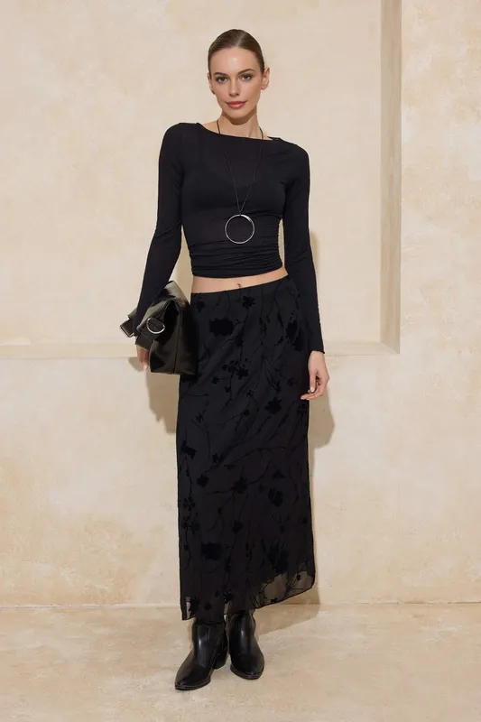 Flock Print Tulle Pencil Maxi Skirt - WOVCOR