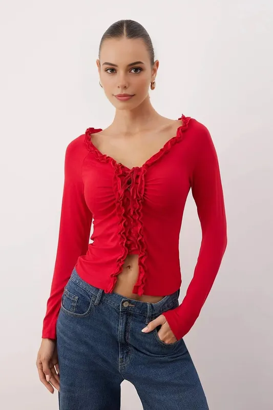 Gathered Long Sleeve Stretch Knit Blouse - WOVCOR