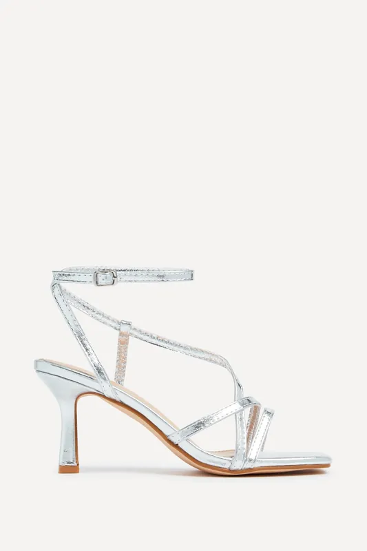Ella Silver Faux Leather Strappy Square Toe Heeled Sandal - Linzi