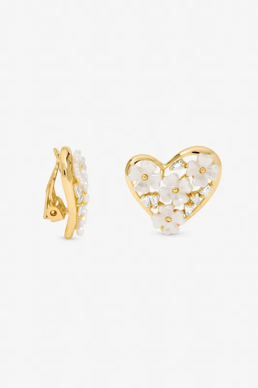 Gold Plated Floral Encrusted Heart Clip Earrings - Jon Richard