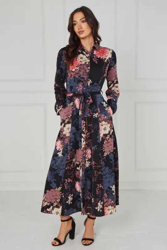 Navy Vintage Bloom Printed Maxi Shirt Dress - Love Sunshine