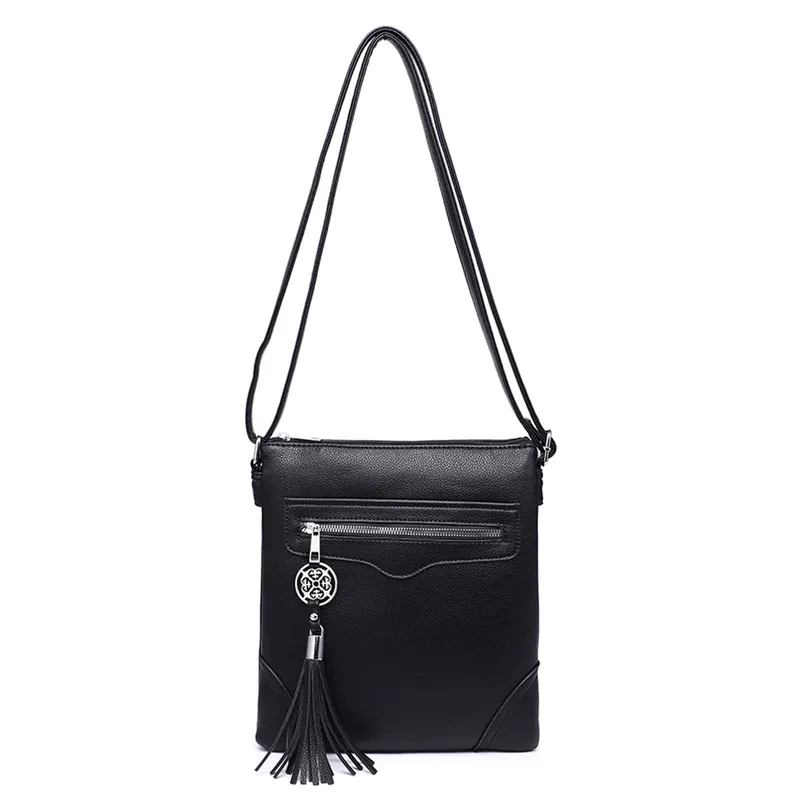 Slim Faux Leather Double Section Crossbody Bag Tassel Charm - Kitise