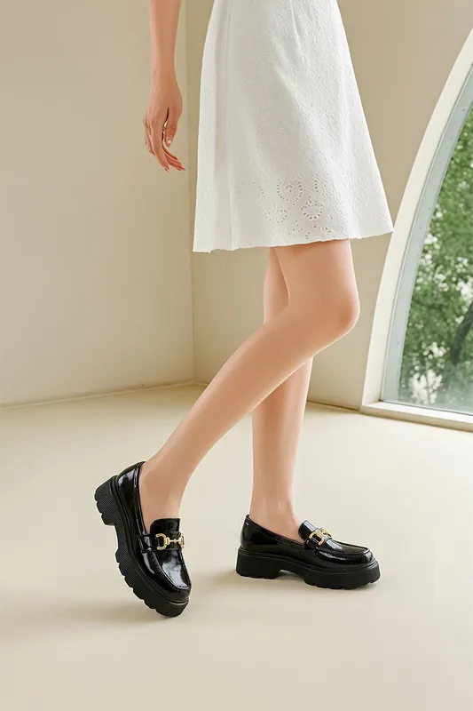 Glossy Loafer Shoes with Gold Chain Detail - MODISHION