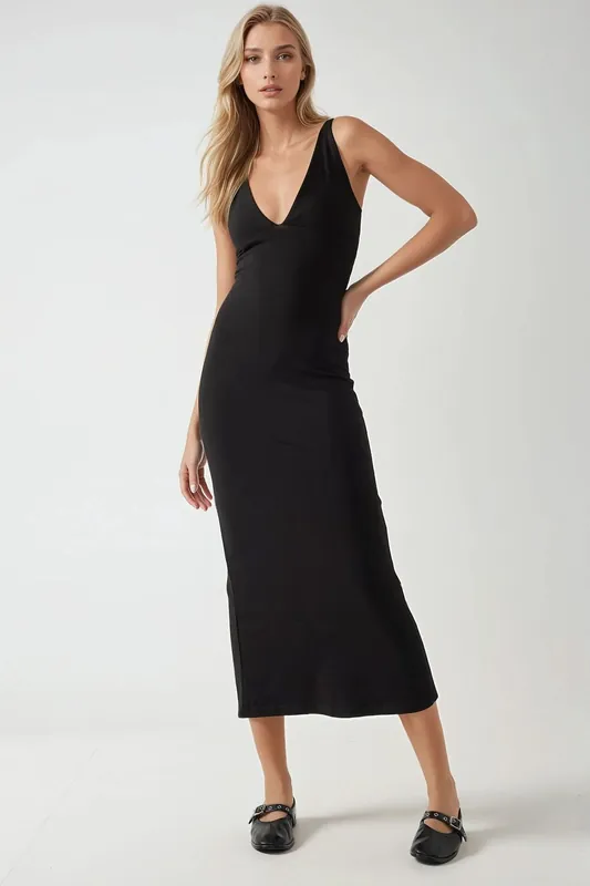Slim Fit V-Neck Basic Midi Dress