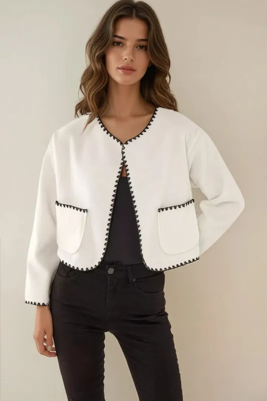 Collarless Jacket with Contrast Stitch - Hiccup