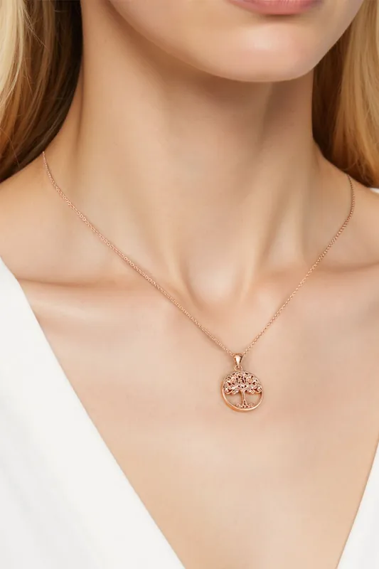 Round Tree Pendant Necklace in Copper with Cubic Zirconia Accents - MODISHION