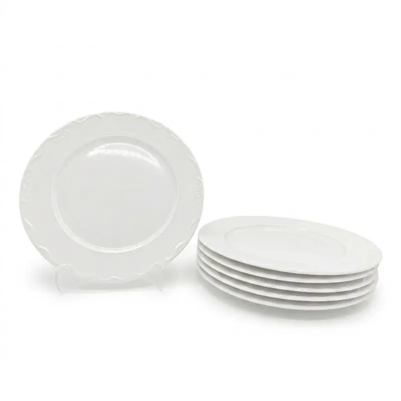 Dessert Side Plate 6pc Set Porcelain White Embossed Floral Dot 20.5cm - Glim & Glam