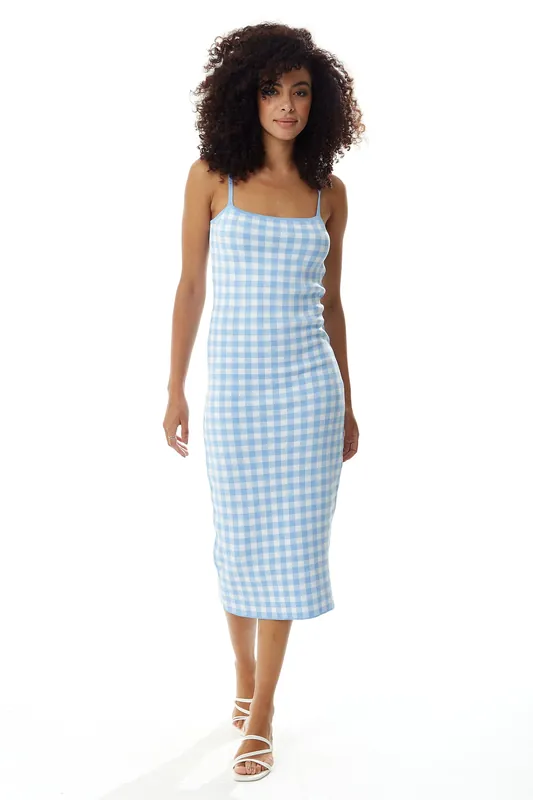 Knitted Dress in Blue and White Check - Liquorish