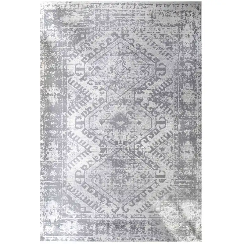 Silver Grey Geometric Medallion Bordered Rug - Kukoon
