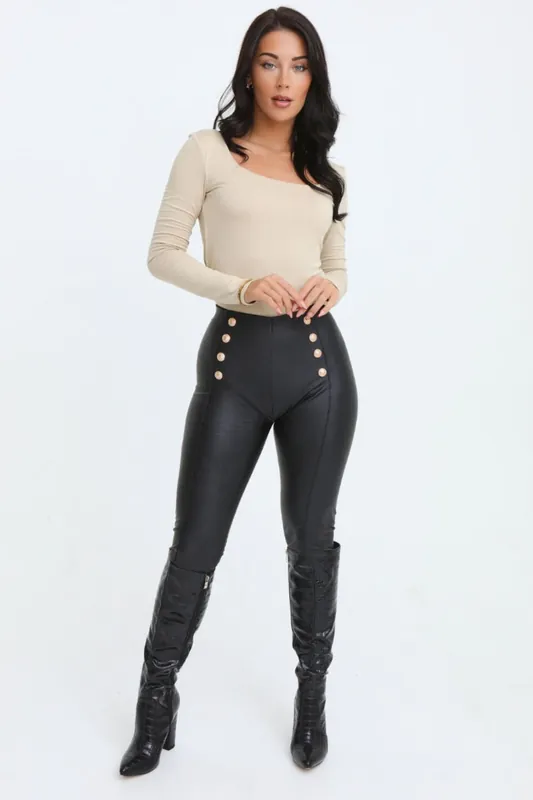 Black PU Leather High Waisted Button Detail Legging - Femme Luxe