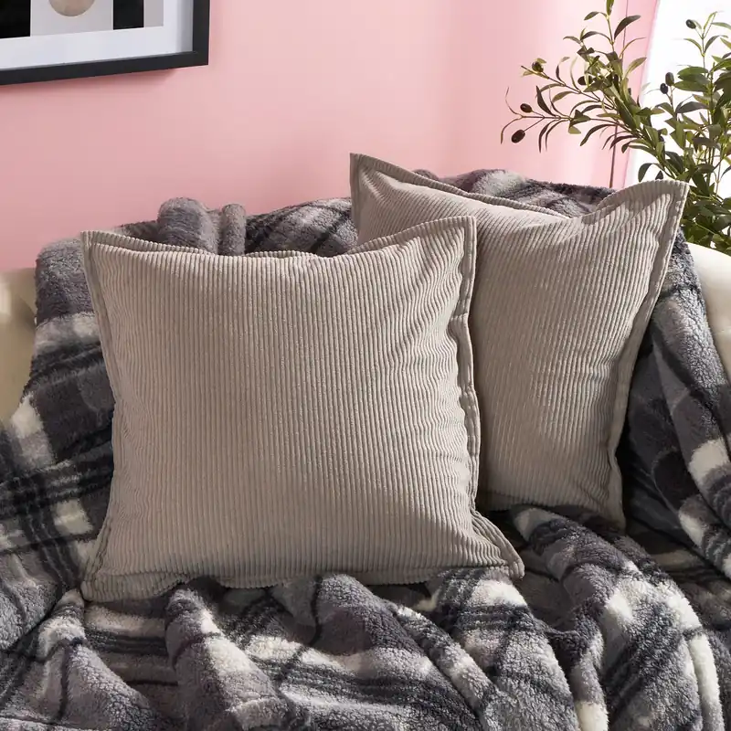 2 Pack Ribbed Oxford Edge Corduroy Cushion Covers Square Pillowcases - OHS