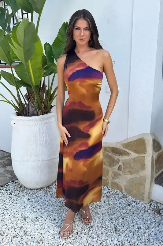 Multi Smudge Print One Shoulder Twist Back Midi Dress - AX Paris