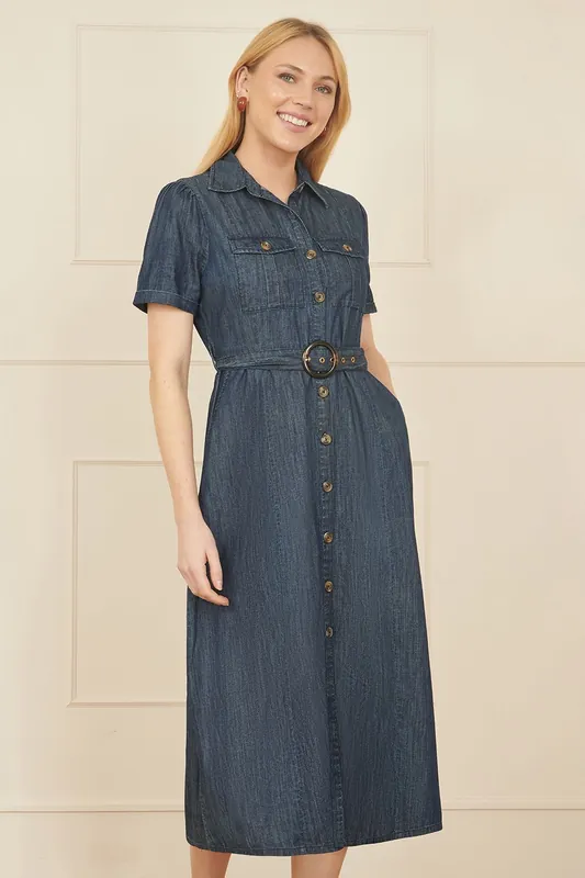 Blue Chambray Utility Midi Denim Shirt Dress - Yumi