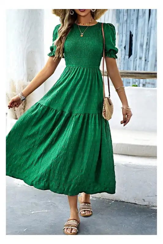 Dark Green Solid Textured Smocked Puff Short Sleeve High Waist Long - Everyday The Label