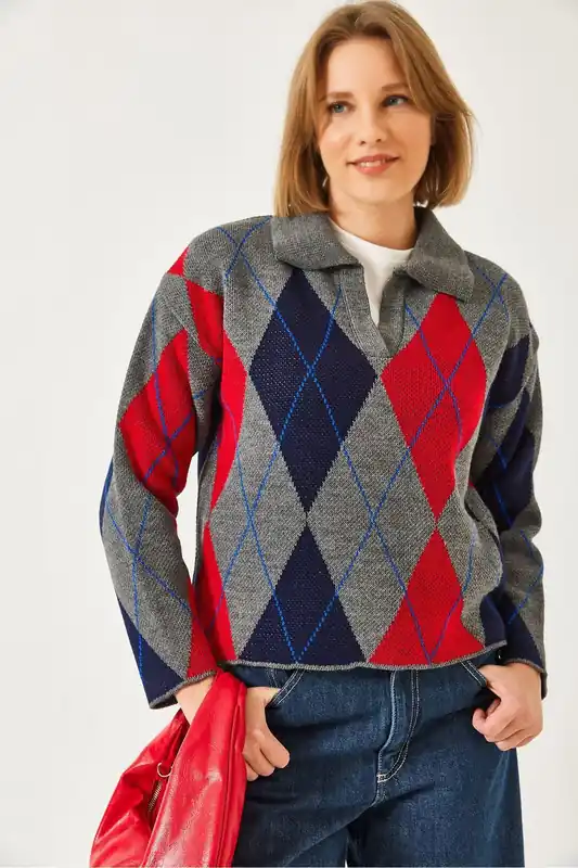 Geometric Pattern Polo Neck Knit Sweater - Bianco Lucci