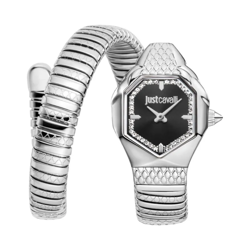 Snake Watch, Silver Color Case, Black Dial, Stainless Steel Bracelet - Just Cavalli