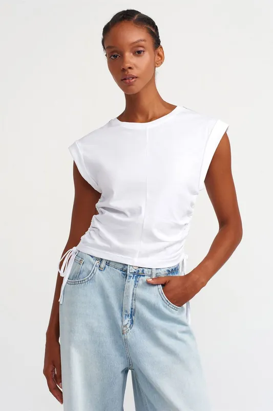 Women's Sleeveless Cotton Crew Neck T-Shirt With Tie Detail
