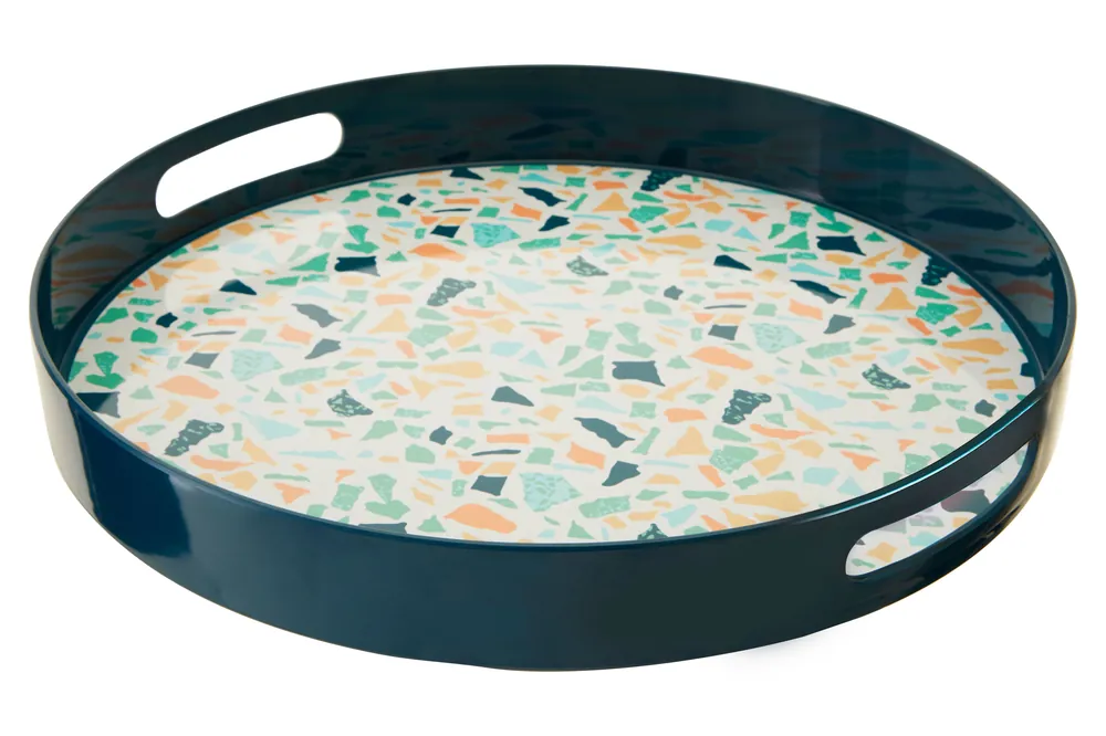 Terrazzo Round Tray,Stylish Melamine Serving Tray with Cut-Out Handles,Perfect for Indoor & Outdoor Use