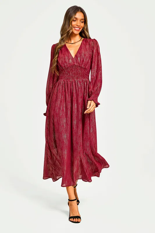 Gold Stripe Foil V-Neckline Long Sleeve Dress In Wine