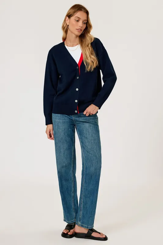 Little Heart Embroidery Stripe Trim Cardigan Top In Navy & Red - FS Collection