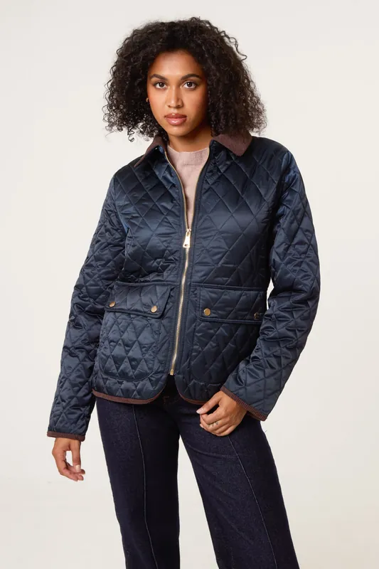 Navy Diamond Quilted Cord Collar Coat - Blue Vanilla