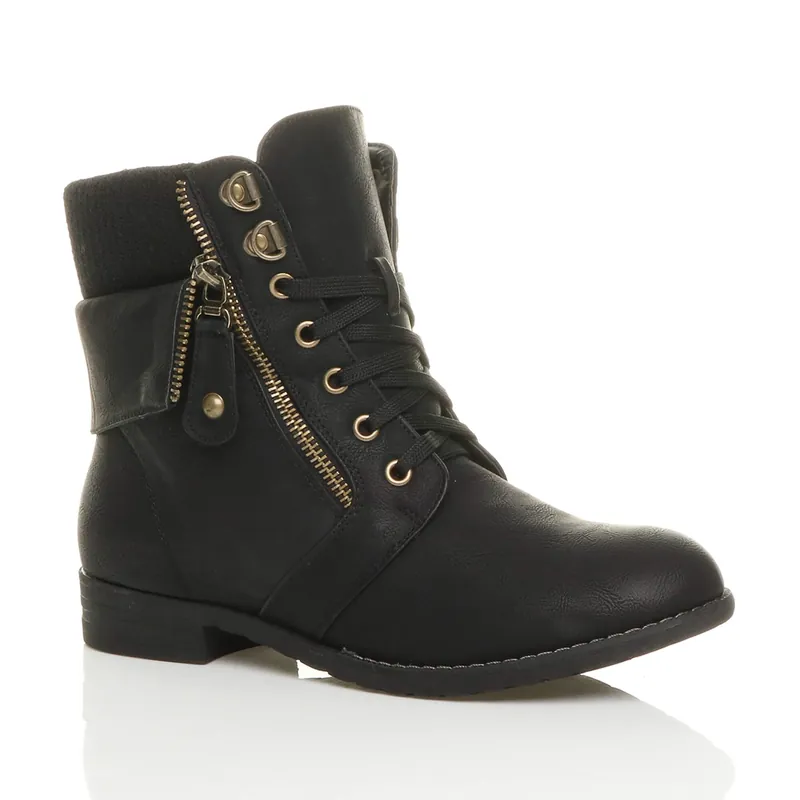 Lace Up Knitted Collar Biker Military Boots - AJVANI