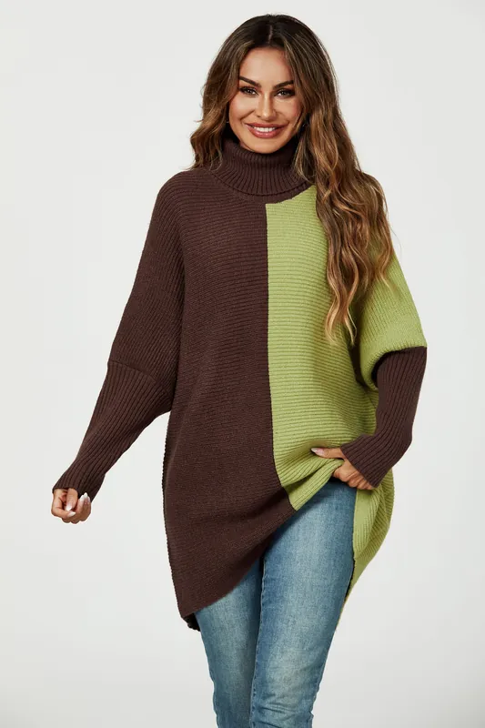 High Neck Half Brown & Green Block Color Jumper Top - FS Collection