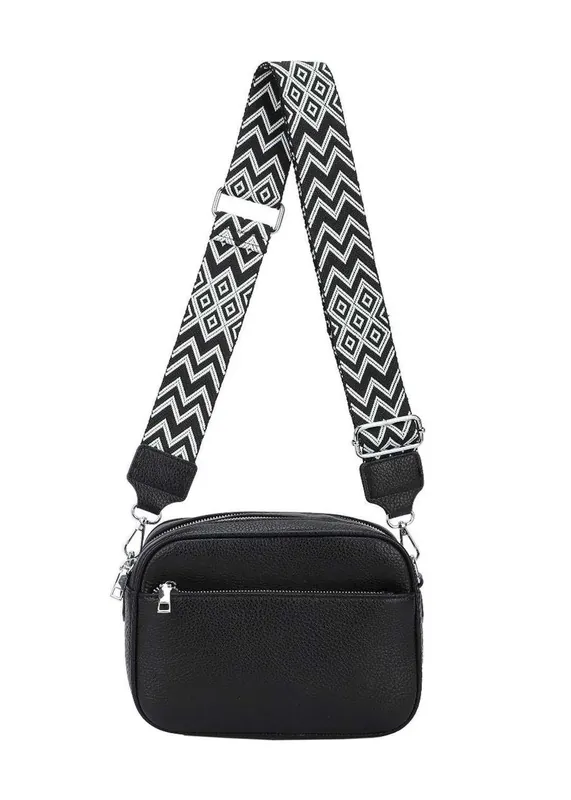 Front Zip Canvas Strap Dual Compartments PU Leather Crossbody Bag - Kitise