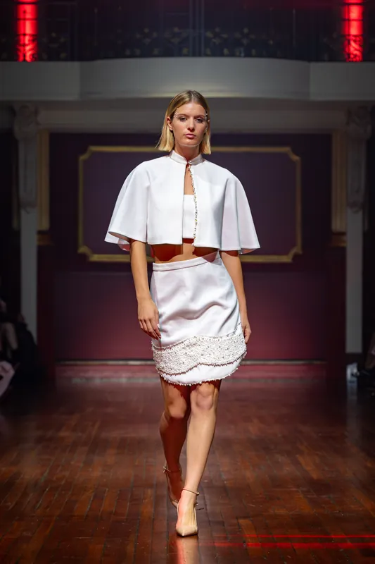 Ophira - White Mini Skirt Cape Suit