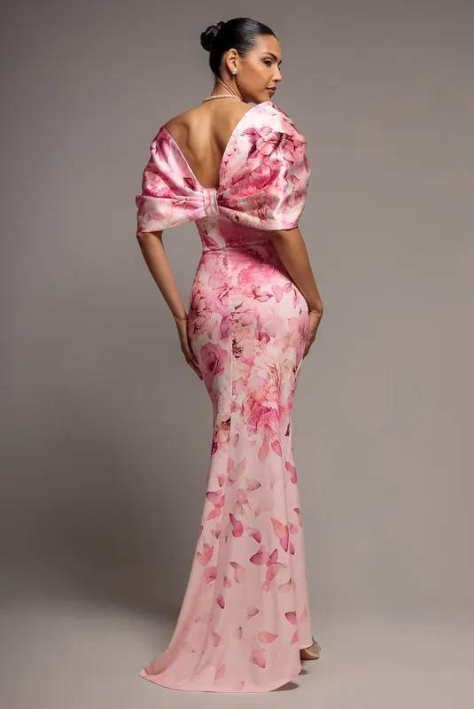 Printed Off Shoulder Satin Bow Back Maxi Dress - Goddiva