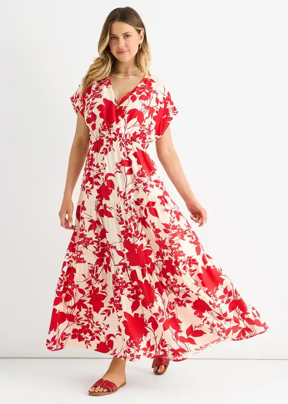 Red Floral Elastic Waist Maxi Dress - Gini London