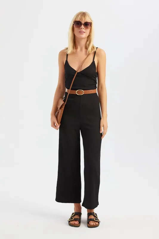 V Neck Strappy Cross Front Straight Leg Jumpsuit - Hiccup