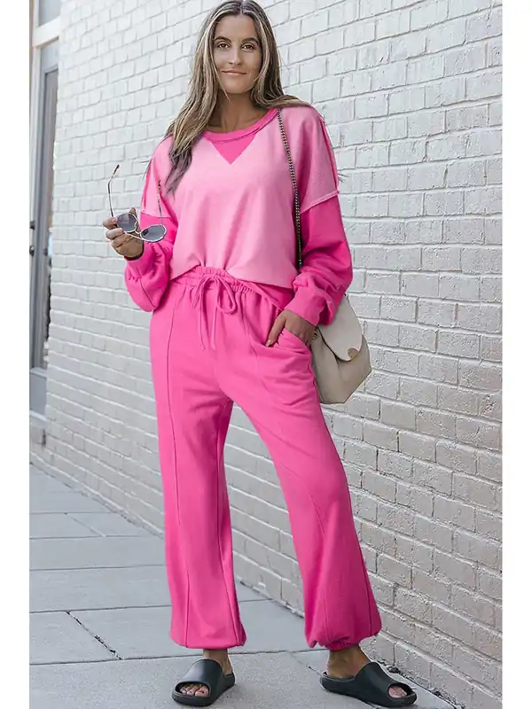 Bonbon Contrast Patchwork Pullover and Drawstring Joggers Set Women - Azura Exchange