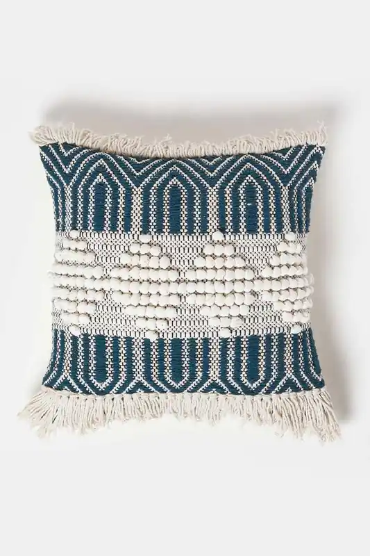 Safi Handwoven Fringed Navy & Cream Kilim Cushion - Homescapes