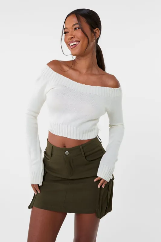 Ivory Off Shoulder Crop Knit Top - Pink Vanilla