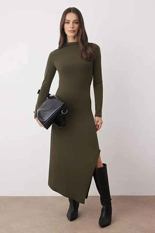 High Neck Long Sleeve Asymmetrical Midi Knit Dress - WOVCOR