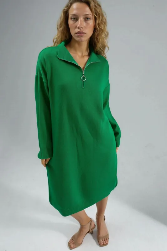 Ribbed Knit Midi Dress with Zipper Collar - MyFashion