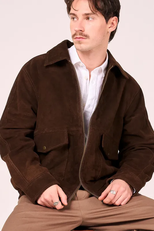 Real Suede Bomber Jacket in Brown - Barneys Originals