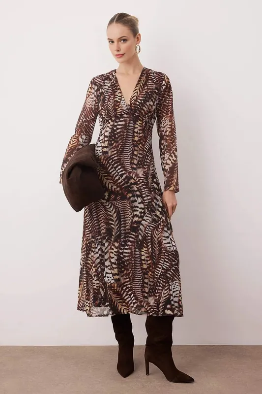Animal Print V-Neck A-Line Maxi Woven Dress