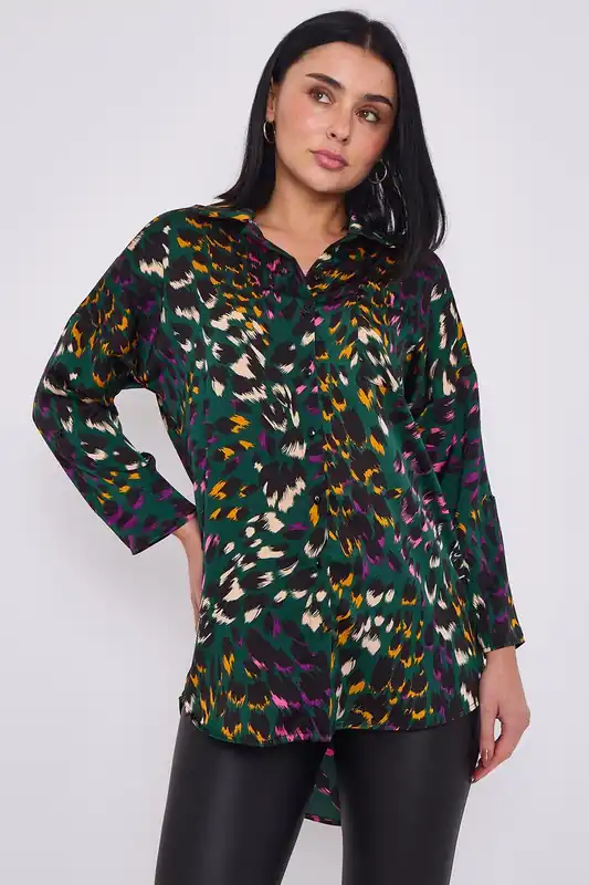 Emerald Leopard Print Satin Oversized Shirt - Love Sunshine