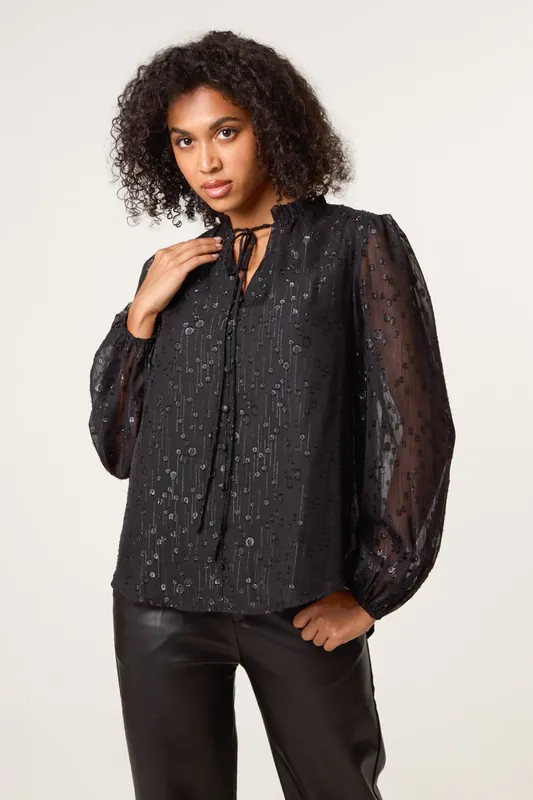 Black Jacquard Button And Tie Front Blouse - Blue Vanilla
