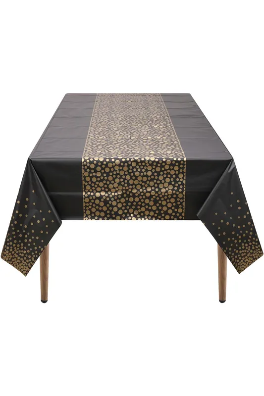 137cm x 274cm PVC Table Cover, Gold Dot Confetti Printed Plastic Table Cloth, Black - Neel Blue