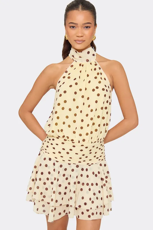Sleeveless Frill Trim Polka Dot Mini Dress - EGO