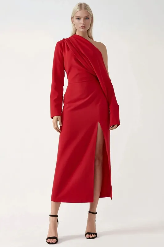 Asymmetrical Collar Bodycon Midi Dress with Slit - Hiccup