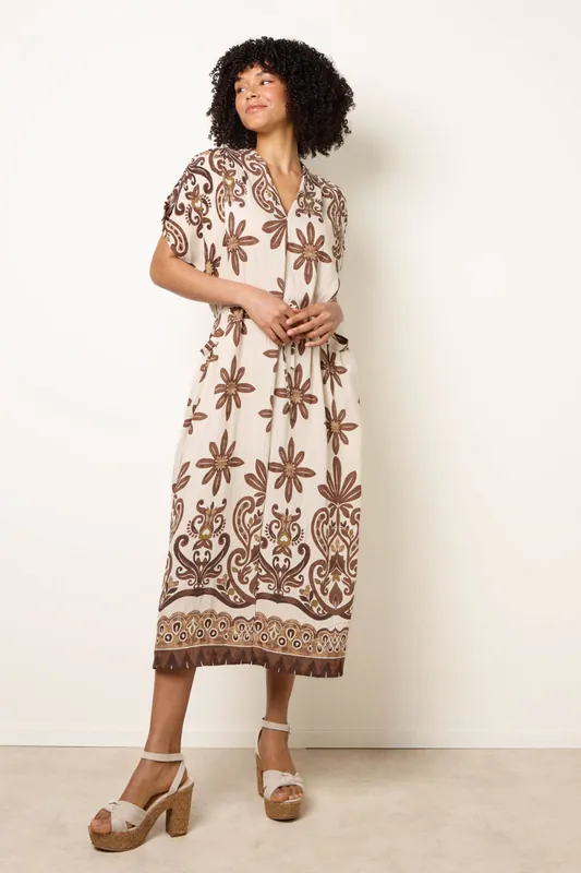 Brown Dress With Bold Floral Print - Blue Vanilla
