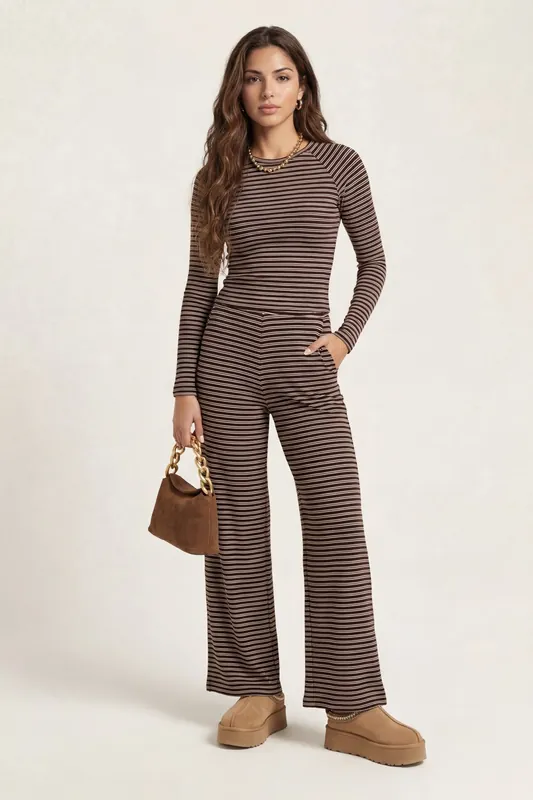 Jersey Striped Wide Leg Trouser Chocolate - Urban Bliss