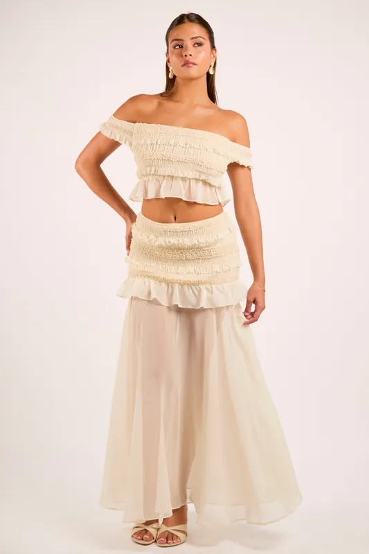 Farah Cream Chiffon Ruffle Maxi Skirt - Jaded Rose