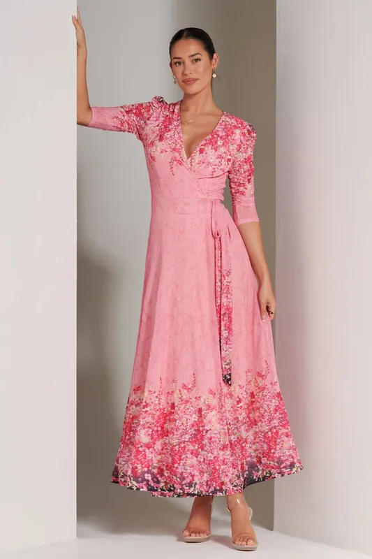 Peggy Ruched Sleeve Wrap Mesh Maxi Dress - Jolie Moi